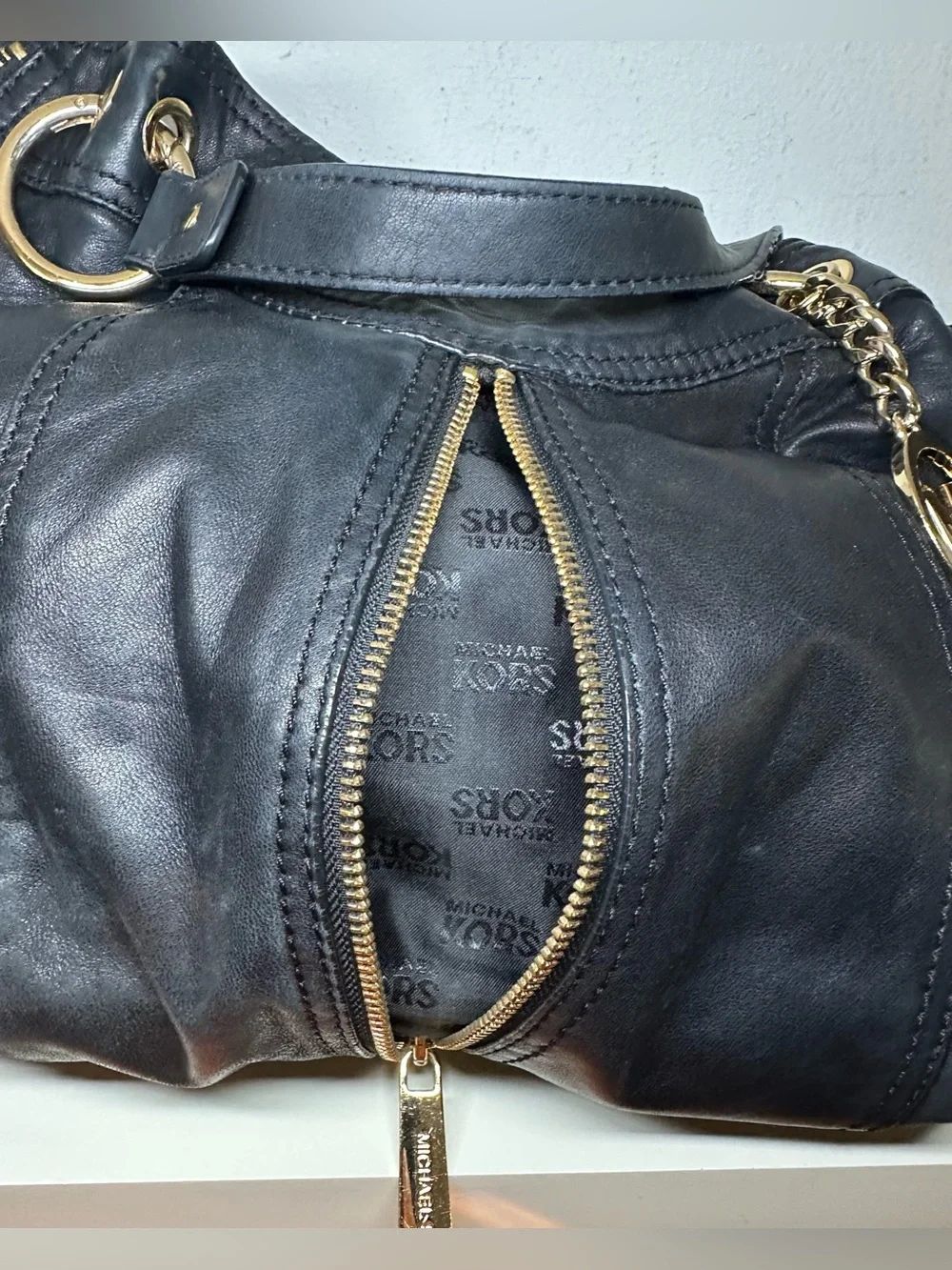 Michael Kors Black Leather Shoulder Bag with Gold-Tone MK Charm